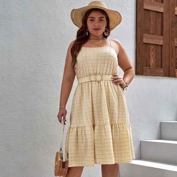 Cami Dress 3XL Belted Knee Length Yellow Plaid Spaghetti Strap Flounce Hem - Picture 2 of 7